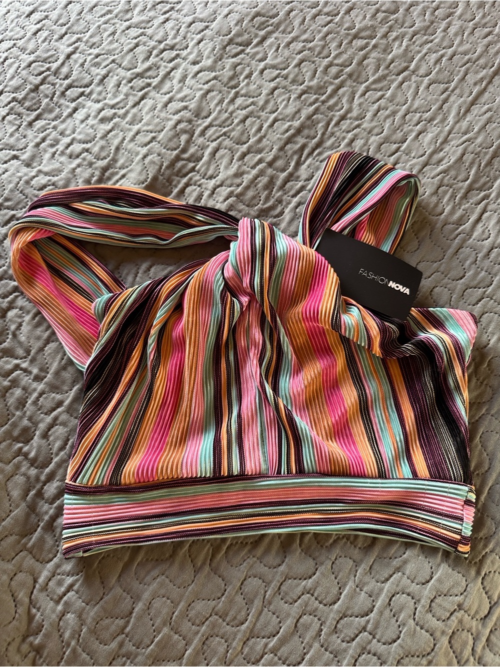 Fashion Nova Striped Multicolor Ribbed Crop Top - Pink, Teal, Orange, Brown